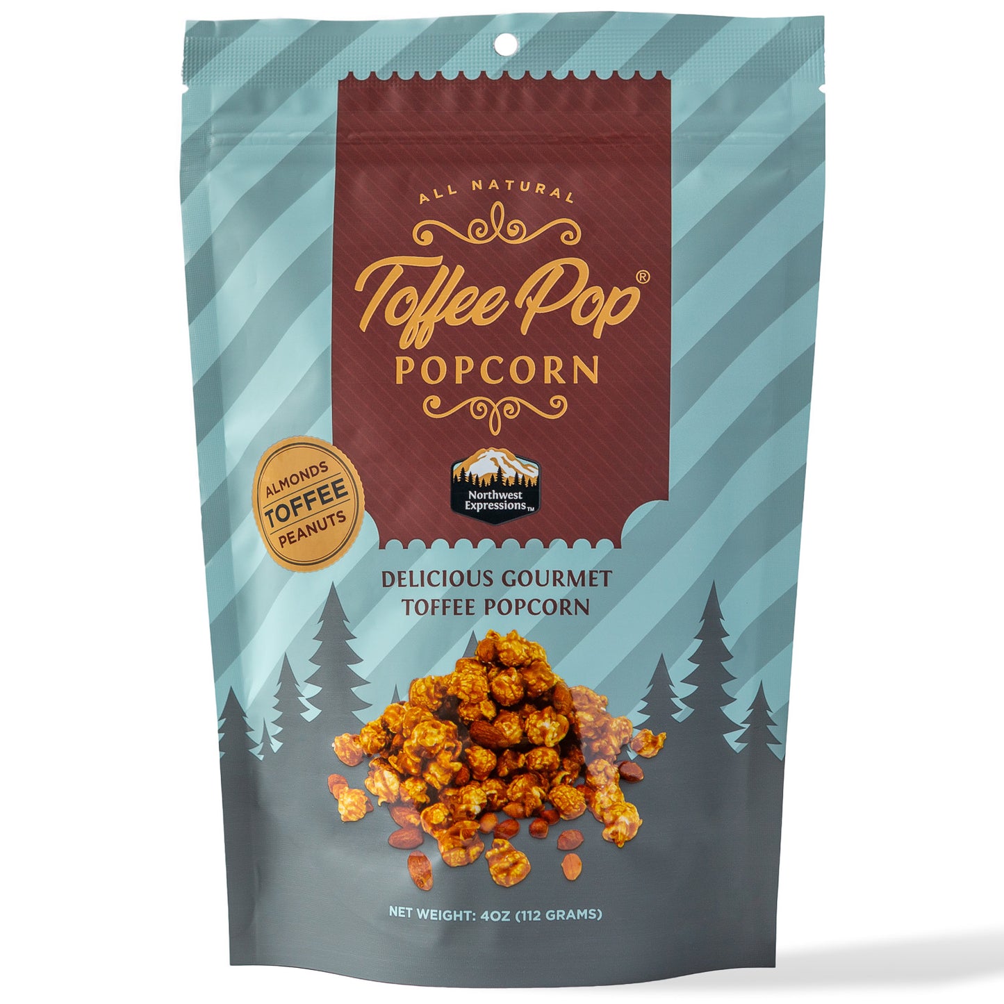 a 4 ounce pouch of northwest expressions toffee pop gourmet popcorn