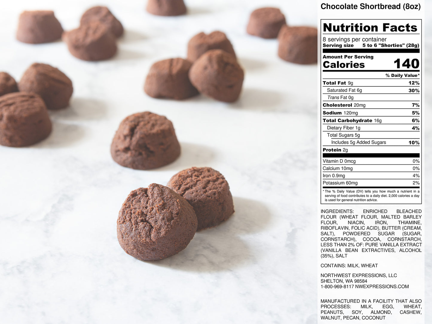 nutrition panel for an 8 ounce box of chocolate shortbread cookies
