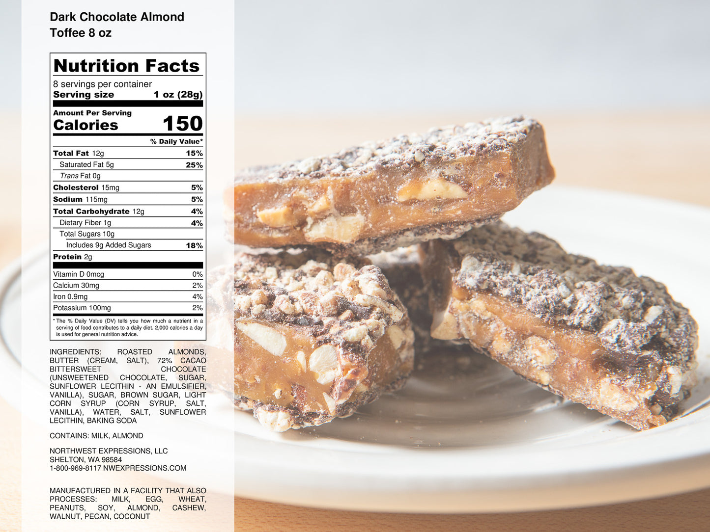 nutrition facts label for 8 oz. gift box of butter crunch almond toffee