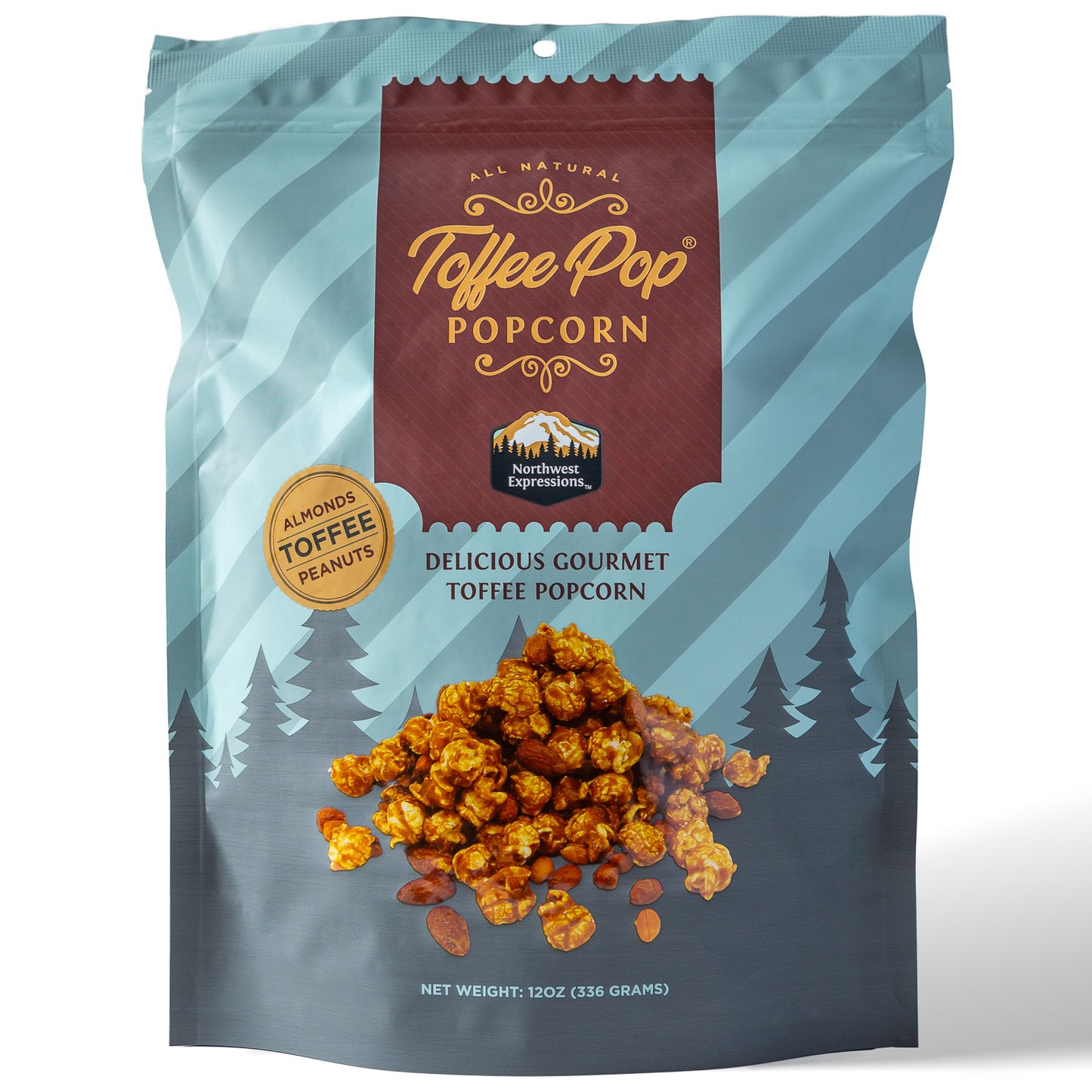a 12 ounce pouch of northwest expressions toffee pop gourmet popcorn