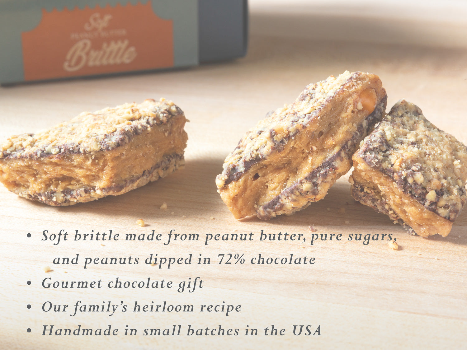 the features of soft peanut butter brittle dipped in dark chocolate