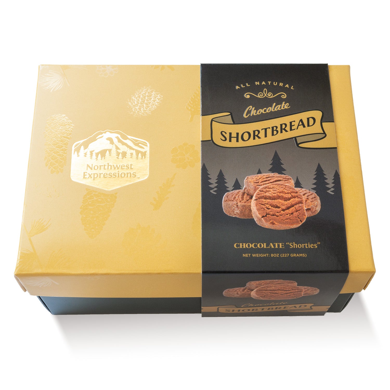 view of an elegant gift box full of chocolate shortbread cookies