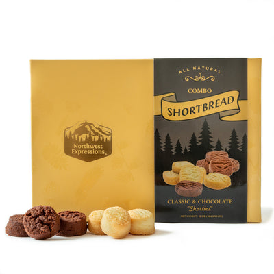 an attractive 16 ounce gift box with chocolate and classic shortbread
