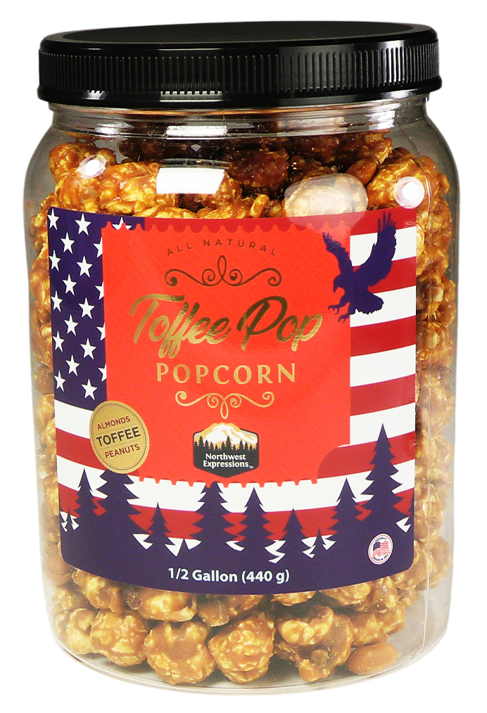full 1/2 gallon canister of freedom pop gourmet toffee popcorn