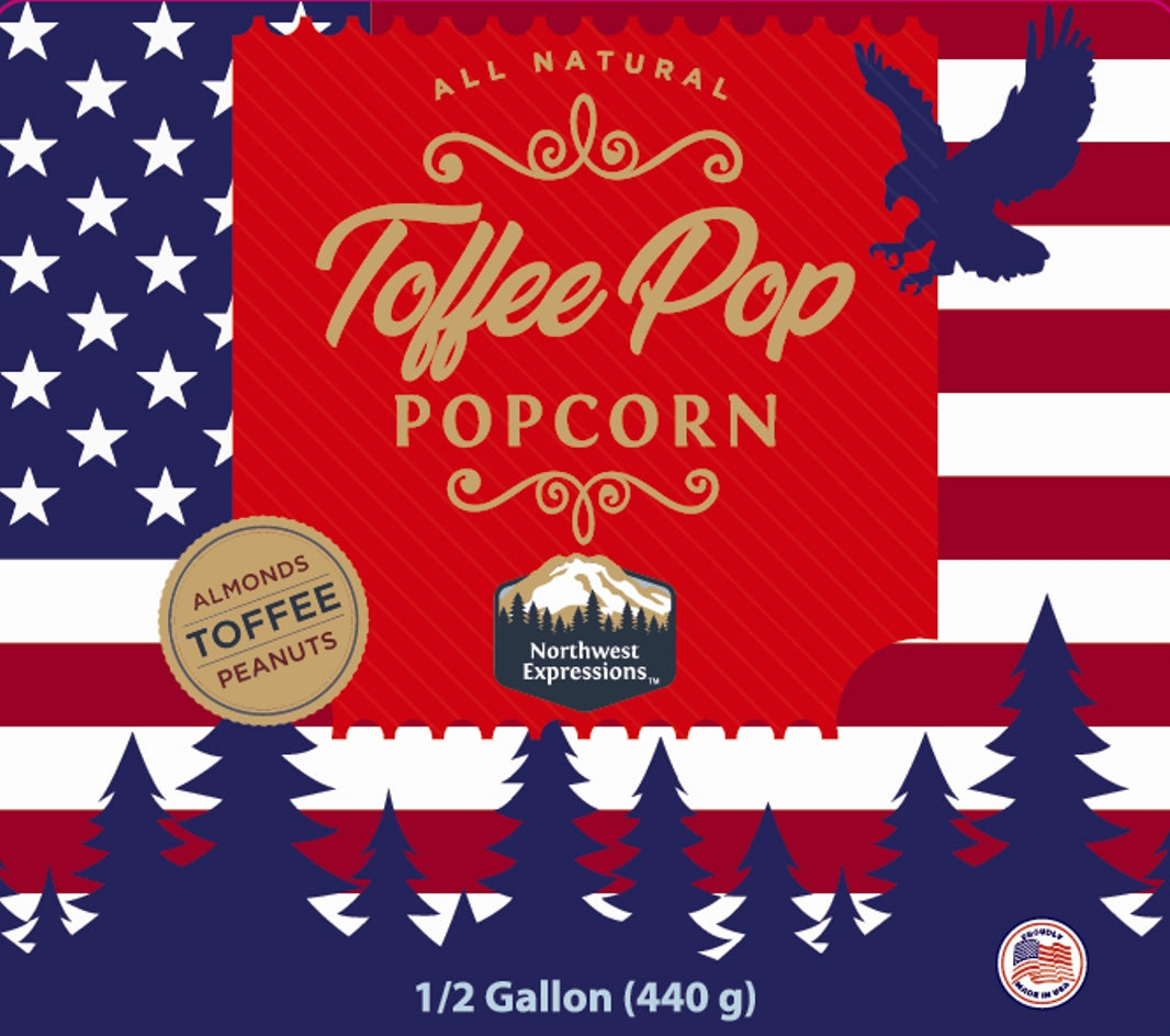 colorful front label of freedom pop gourmet toffee popcorn