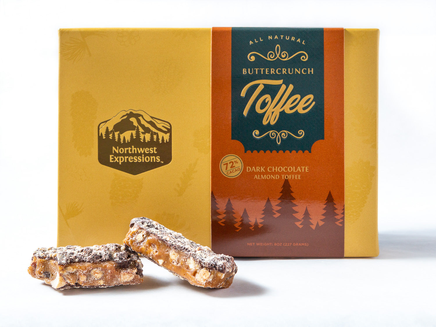 toffee bits displayed in front of beautiful gift box